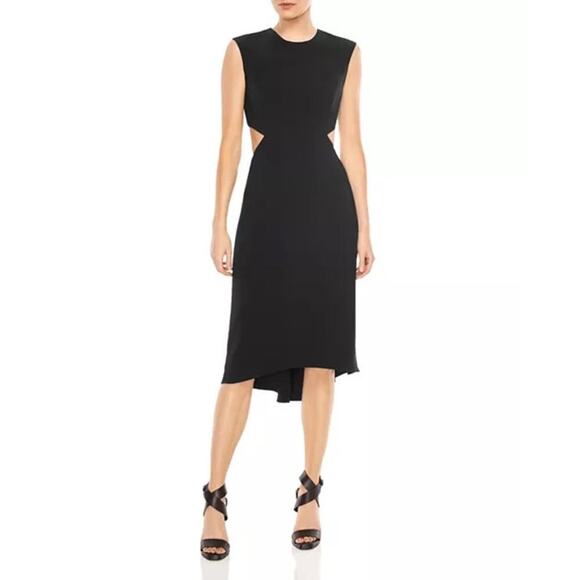 Halston Cutout Crepe Dress Size 8 Black Midi Sleeveless Classic LBD Designer - Picture 1 of 14